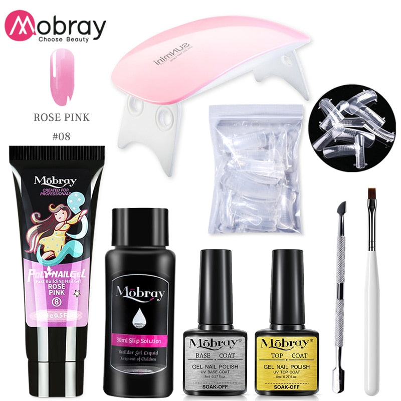 Mobray Poy UV Gel With UV LED Lamp Manicure Set Poly Nail Gel Polish Kit Nail Art Tools For Manicure Need Base Top Coat Nail Kit