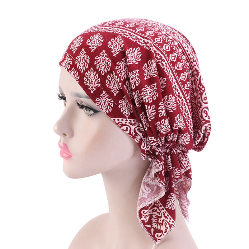 New fashion print woman turban hat soft elastic flowers lady muslim headdress wrap head scarf hijab caps turbante female