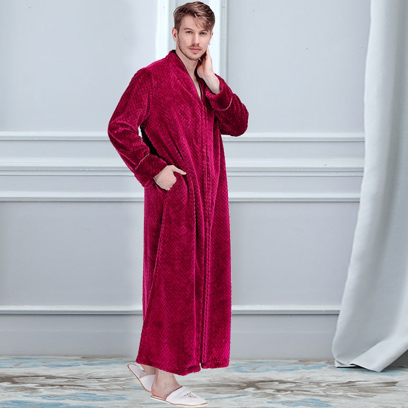 Women Winter Plus Size Long Warm Flannel Hooded Bathrobe - Zipper Bath Robe Pregnant Night Dressing Gown Men Sleepwear