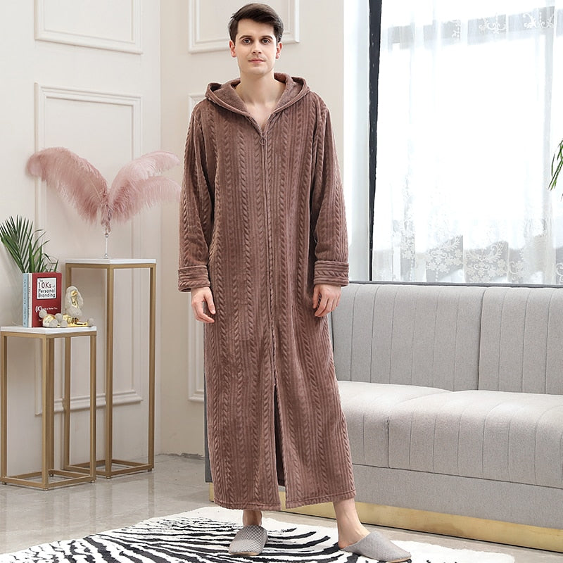 Women Winter Plus Size Long Warm Flannel Hooded Bathrobe - Zipper Bath Robe Pregnant Night Dressing Gown Men Sleepwear