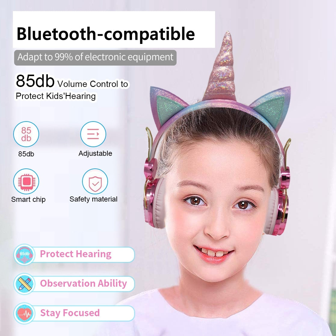 Cute Unicorn Headphones for Girls Kids Children Bluetooth Wireless Earphone with Mic Music Stereo Phone Helmet School Gifts