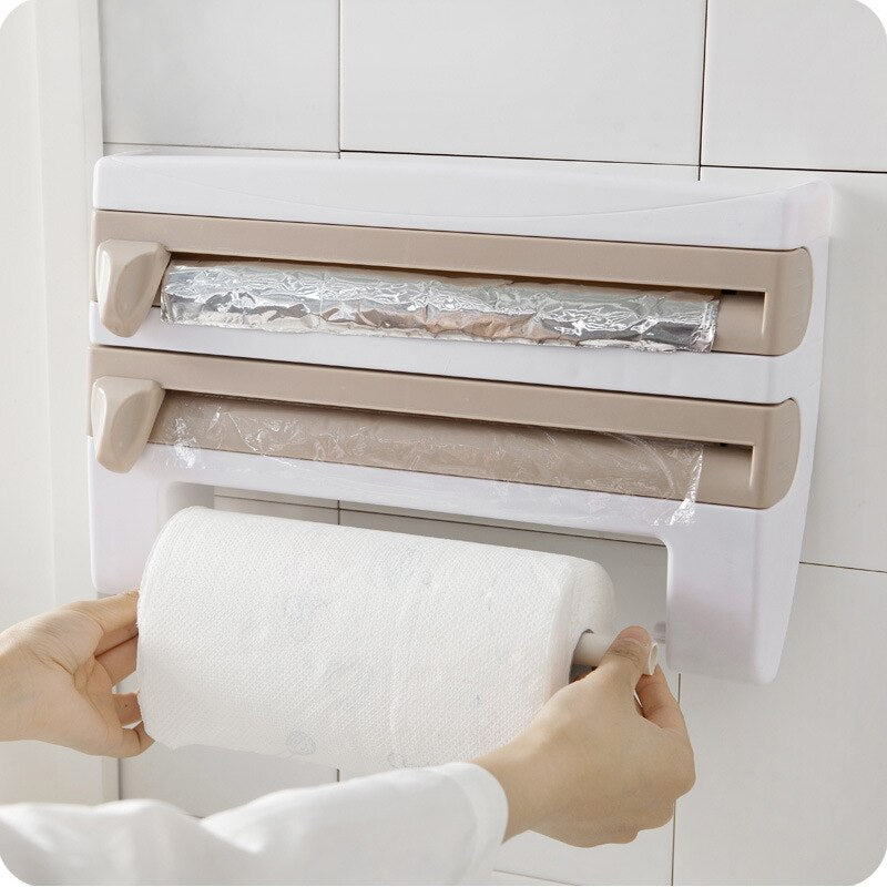 Plastic Refrigerator Cling Film Storage Rack Wrap Cutter Wall Hanging Paper Towel Holder Kitchen Organizer