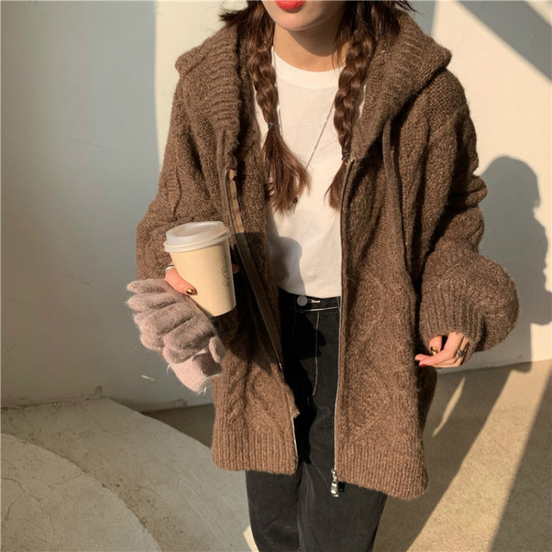 Women Autumn Winter Oversize Knitted Cardigan Casual Hooded Twist Sweater Zipper Long Sleeve Crochet Outerwear