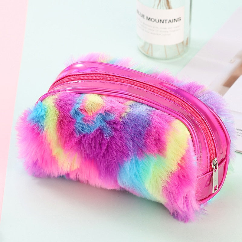 Plush School Pencil Case Colorful Rainbow Pen Box for Girl Pencilcase Large Cartridge Cosmetic Makeup Penal Bag Stationery Pouch