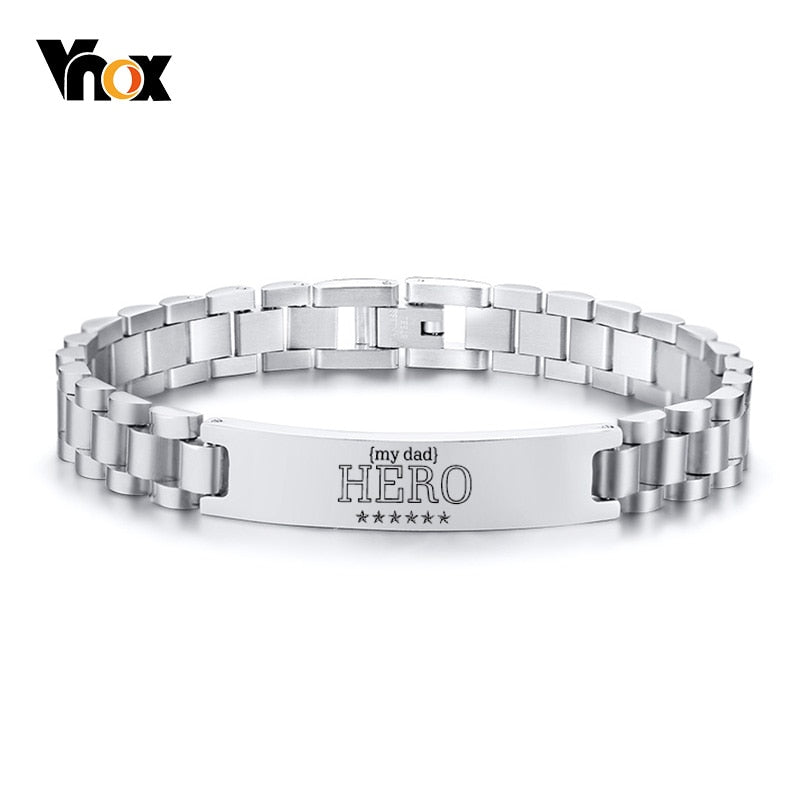 Vnox My Dad HERO Bracelets Personalized Quotes Men Bracelet Qualified Stainless Steel ID Bangle Father's Day Gift 19.5cm/21cm