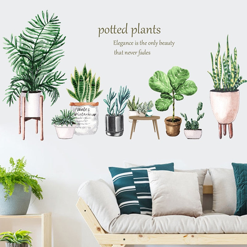 Potted Leaf Cactus Plant Wall Sticker Baseboard Wallpaper Kitchen Living Room Decoration Home Cupboard Mural Removable Stickers