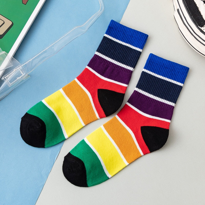 Cotton Elasticity Sweat Women's High Socks Candy Color Rainbow Socks Striped Sporty Meias Casual Streetwear Harajuku Socks