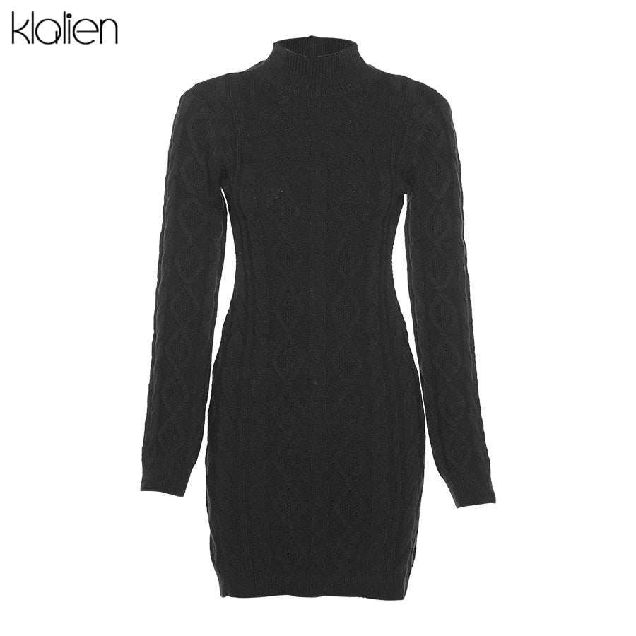 Simple Solid Long Sleeve Turtleneck Sweater Dress Autumn New Women Warm Streetwear Slim Stretch Mini Bodycon Dresses