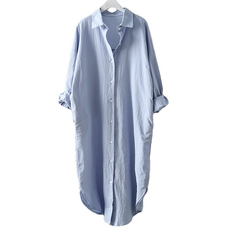 Cotton Women Blouse Shirt Dress Beach Vacation New Linen Cottons Casual Plus Size Womans Long Section Shirt White/Blue