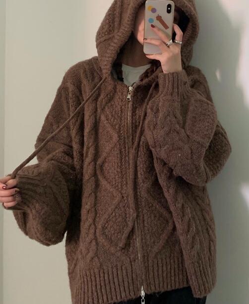 Women Autumn Winter Oversize Knitted Cardigan Casual Hooded Twist Sweater Zipper Long Sleeve Crochet Outerwear