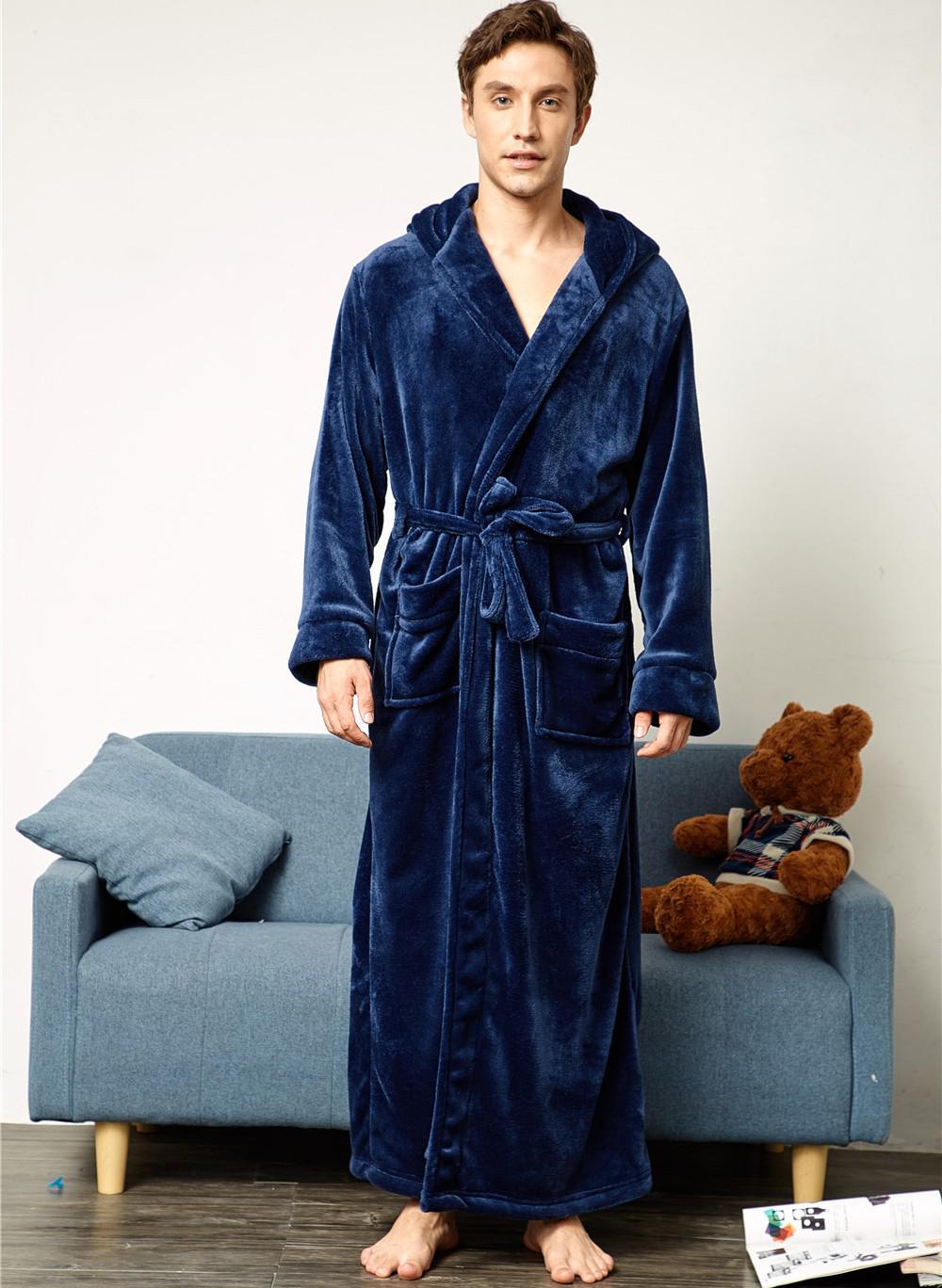 Loose HOOD Sleepwear Winter Ultral Long Large Flannel Men Robe Gown Casual Bathrobe MEN&WOMEN Thick Warm For 130KG Home Clothes