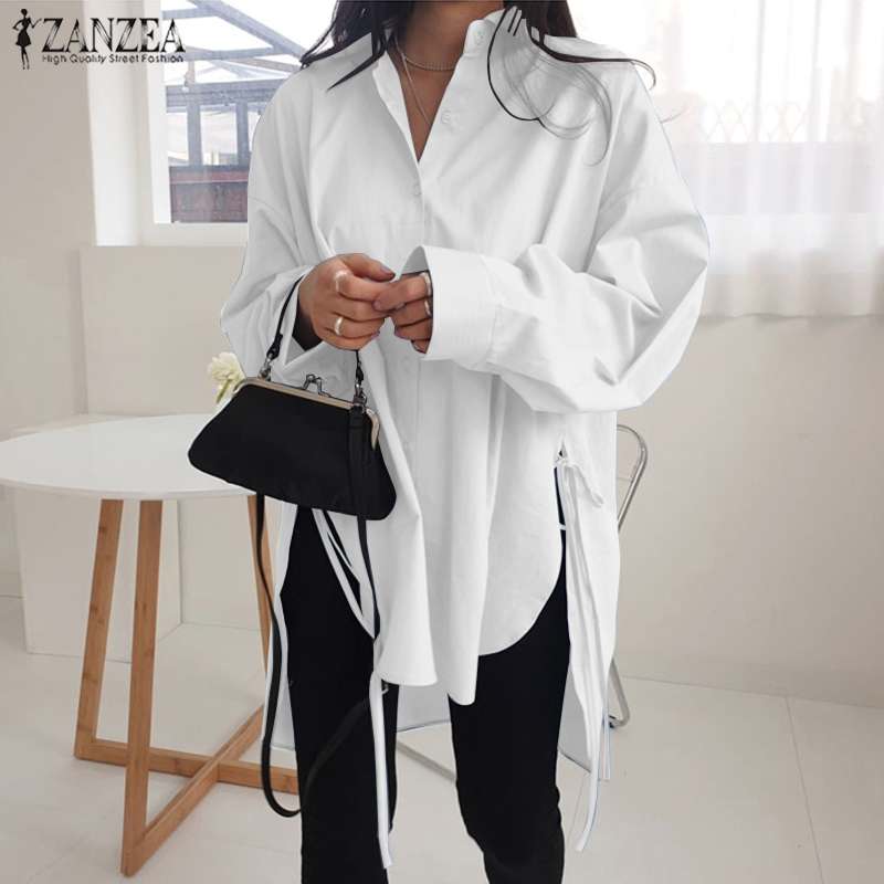 Stylish Solid Shirts Women's Asymmetrical Blouse Casual Lace Up Blusas Female Button Lapel Shirt Oversized Tunic