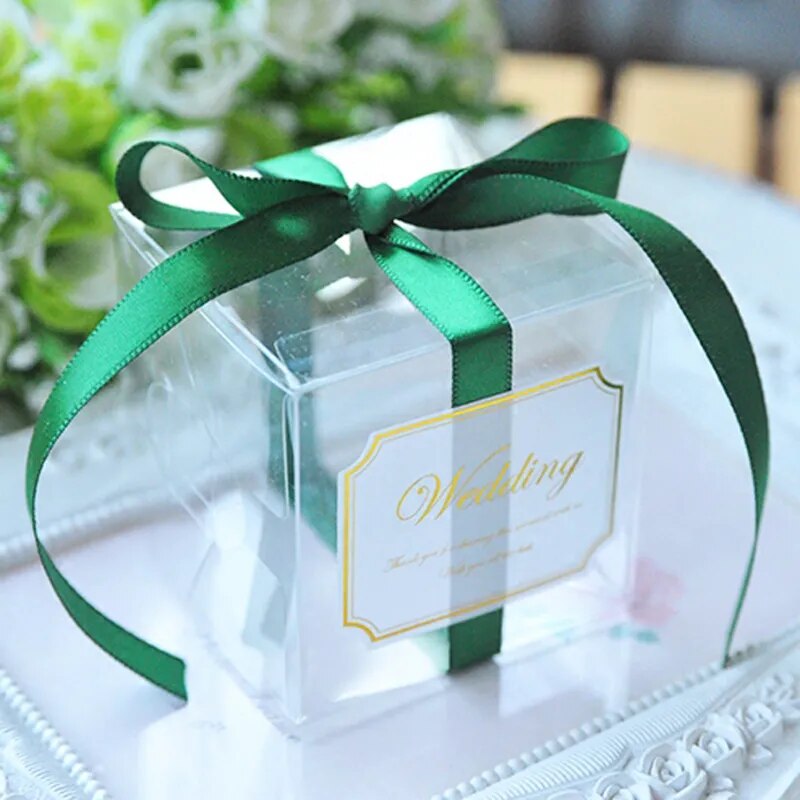 5x5x5cm PVC Clear Candy Boxes Wedding Decorations Party Supplies Gift Box Baby Shown Favors Candy Box with Ribbon