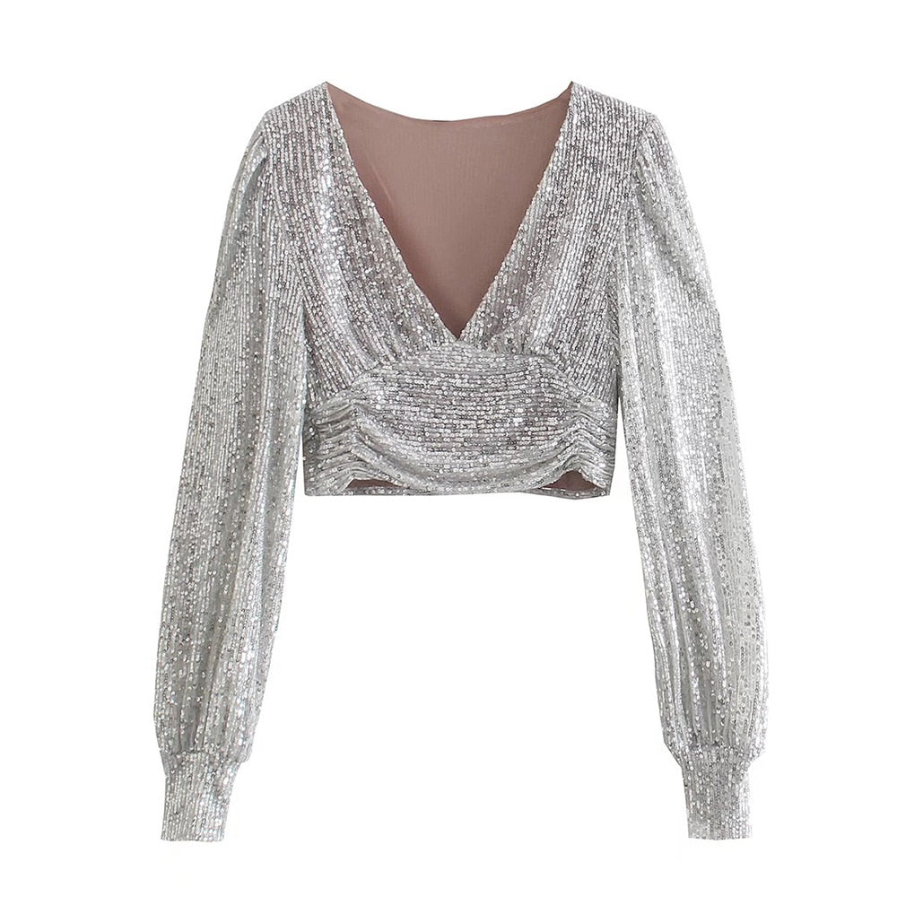 Elegant Women Sequined Tops Spring Fashion Ladies Vintage Silver Top Party Female Sexy V-Neck Tops Femme Girls Chic Clothes