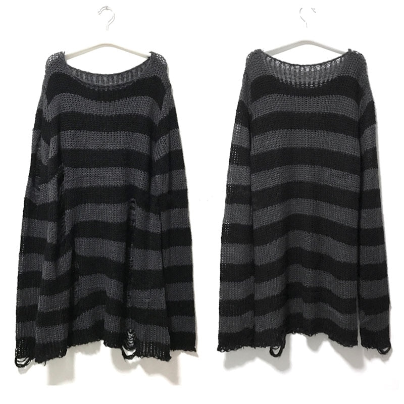 Punk Gothic Long Women Striped Cool Hollow Out Hole Broken Jumper Loose Rock Thin Dark Streetwear Top