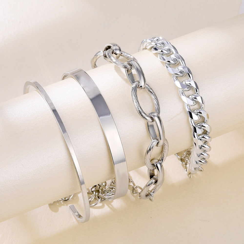 4Pcs Punk Heavy Metal Big Thick Chain Bracelet Set Women Retro Geometric Metal Twist Chain Bangles Bracelet Fashion Jewelry