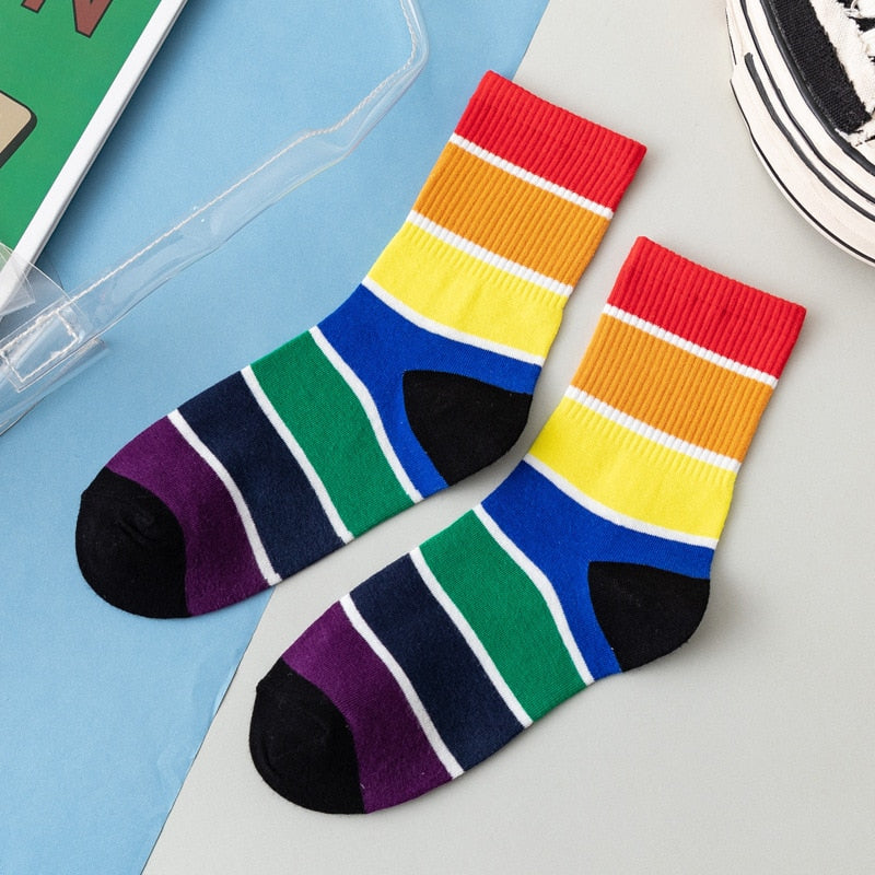 Cotton Elasticity Sweat Women's High Socks Candy Color Rainbow Socks Striped Sporty Meias Casual Streetwear Harajuku Socks