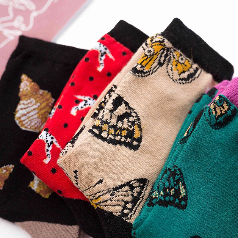 Vintage Fashion Leopard Animal Socks Women Girls Streetwear Cartoon Shell Fish Butterfly Mermaid Panther Dog Cat Cotton Socks