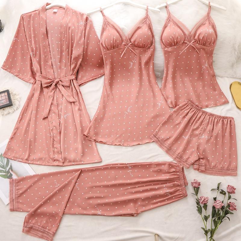 Women Robe Suit Pajamas Nighty&Satin Kimono Bathrobe Gown Nightdress Silky Lace Sleep Set Nightwear Sexy Nightgown