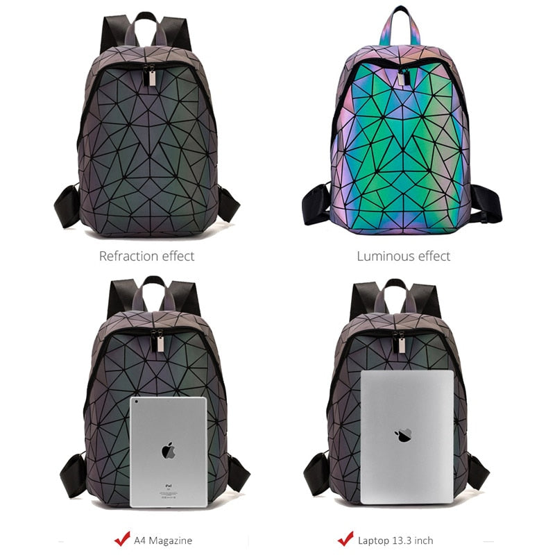 New Luminous Backpack School Women Men Set Rucksack Female Lattice Backbag Holographic Shoulder Bags Purse mochila sac