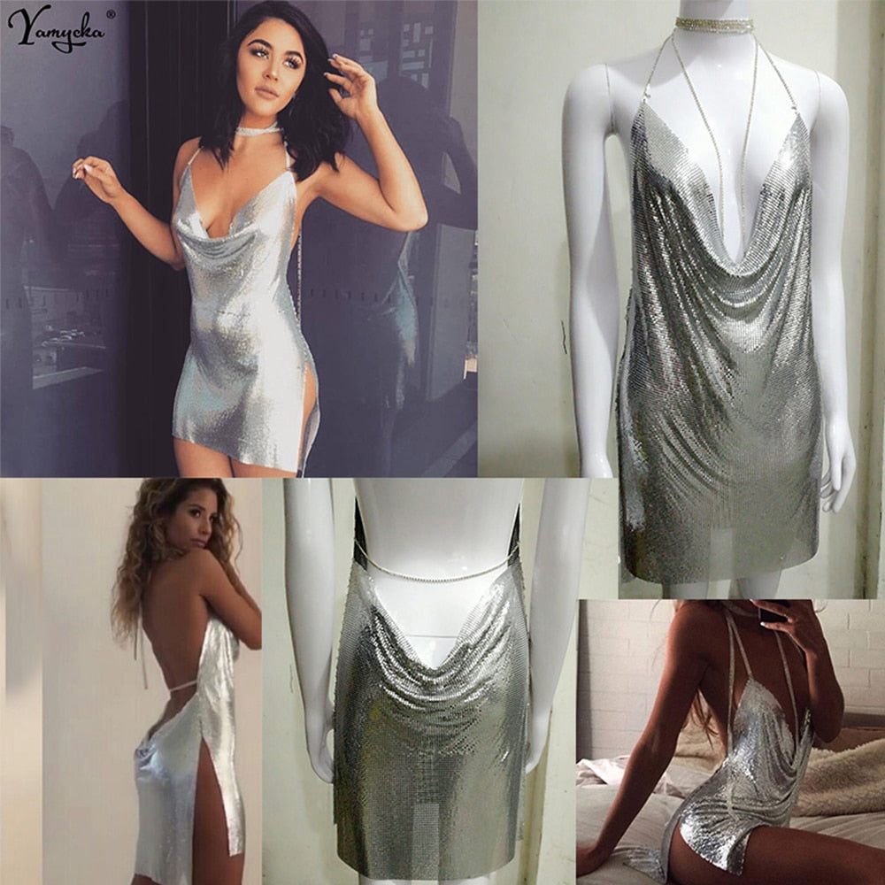 Sexy Backless y2k Metal Party Summer Dress Women Beach Night club Mini slip dress Glitter Sequin ladies Dresses Vestidos