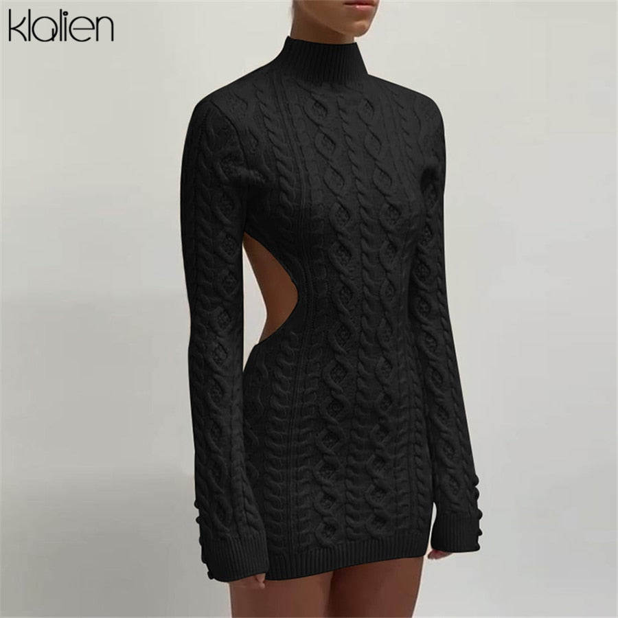 Simple Solid Long Sleeve Turtleneck Sweater Dress Autumn New Women Warm Streetwear Slim Stretch Mini Bodycon Dresses