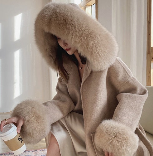 Real Cashmere Woolen Coat famous natural fox fur coats outerwear dropshipping