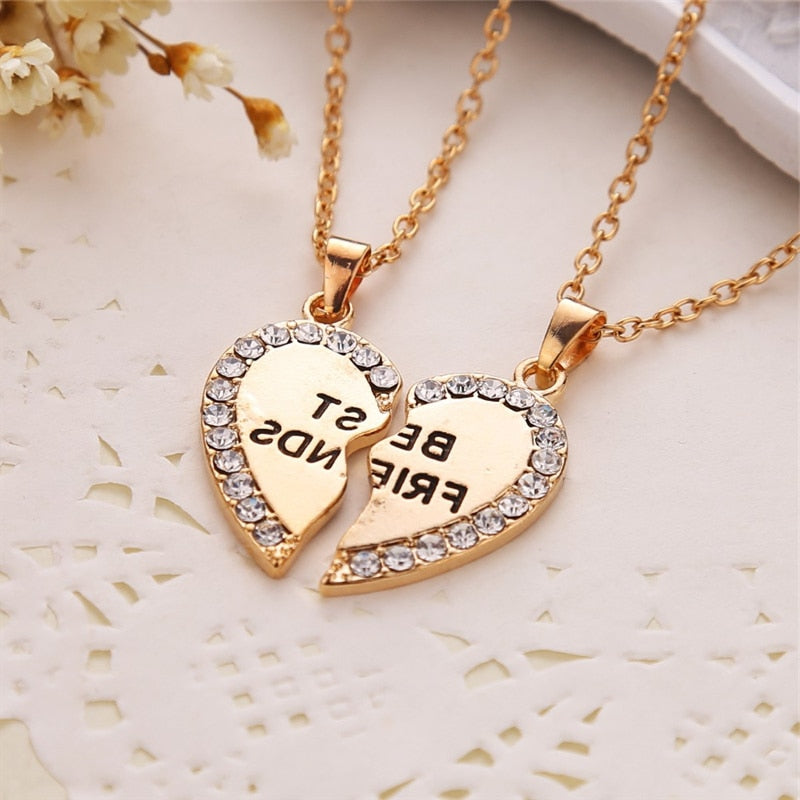 Unisex 2 Pcs BFF Necklace Women Crystal Heart Pendant Best Friend Letter Necklace Fashion Couple Necklace Men Friendship Jewelry