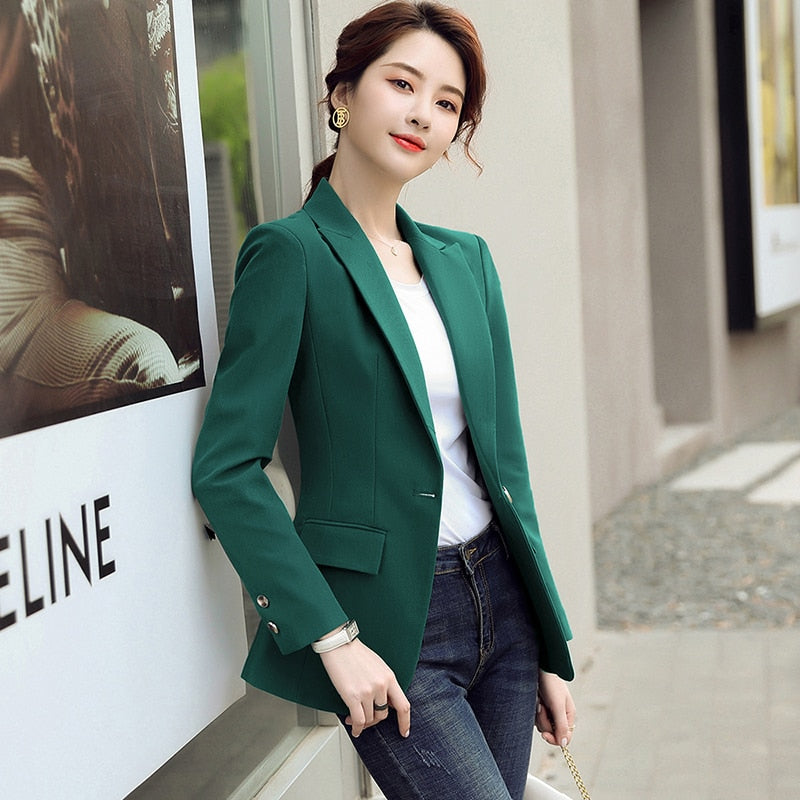 Design Blazer Jacket Women's Green Black Blue Solid Tops For Office Lady Wear Size S-4XL