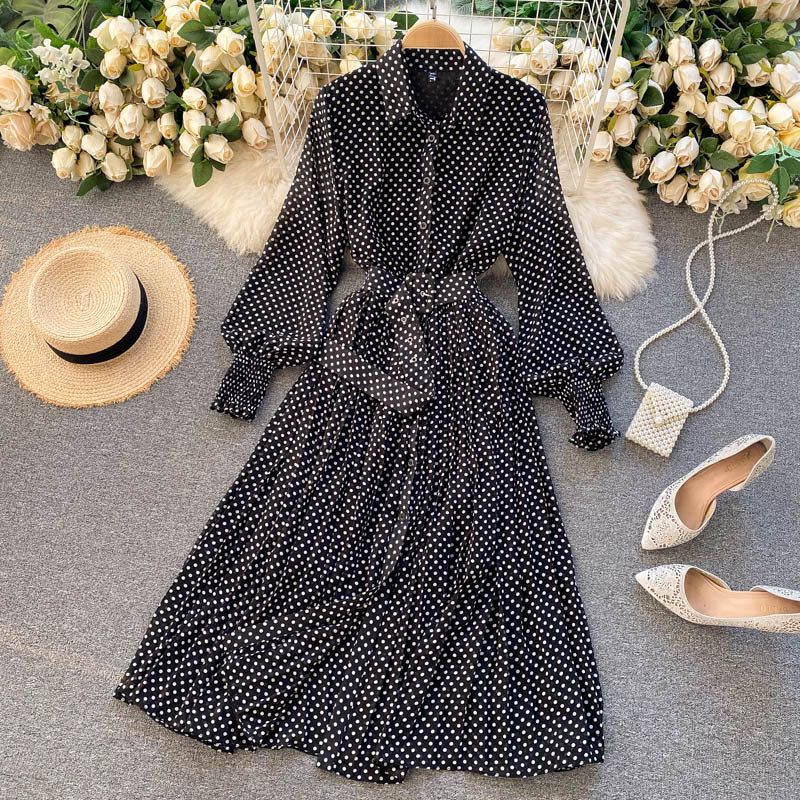 Women Vintage Maxi Party Dress Long Sleeve Orange Polka Dot Pleated Evening Black Vestidos Femme Fashion Robe New