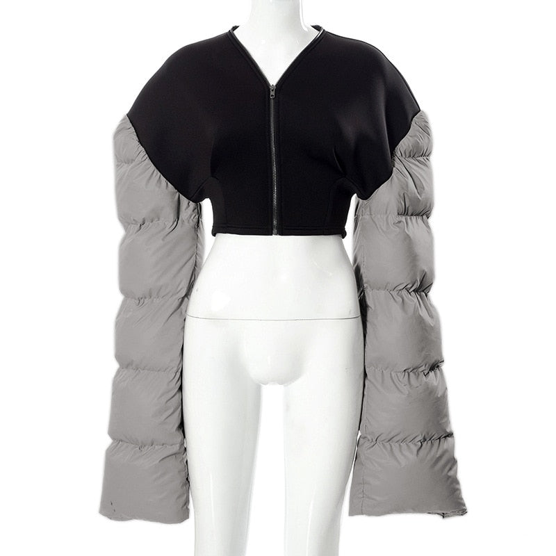 Spring Patchwork Down Puffer Coat Women Jacket Extra Long Sleves Warm Bubble Cropped Outerwear