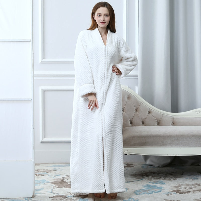 Women Winter Plus Size Long Warm Flannel Hooded Bathrobe - Zipper Bath Robe Pregnant Night Dressing Gown Men Sleepwear