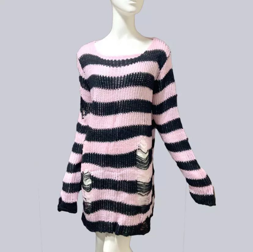 Punk Gothic Long Women Striped Cool Hollow Out Hole Broken Jumper Loose Rock Thin Dark Streetwear Top