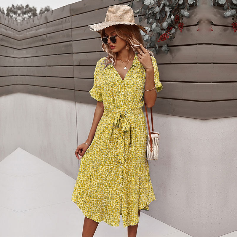 Msfilia Spring Summer Ladies Bandage Dress Women Medium Long Sleeve Button Floral Print Holiday Style Chic Dress Female