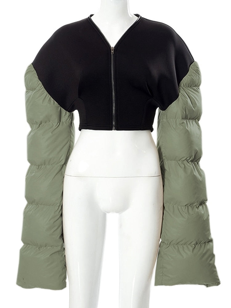 Spring Patchwork Down Puffer Coat Women Jacket Extra Long Sleves Warm Bubble Cropped Outerwear