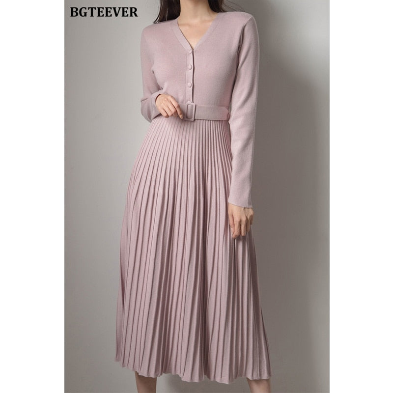 Elegant V-neck Single-breasted Sweater Dress - Belted Female A-line soft dresses