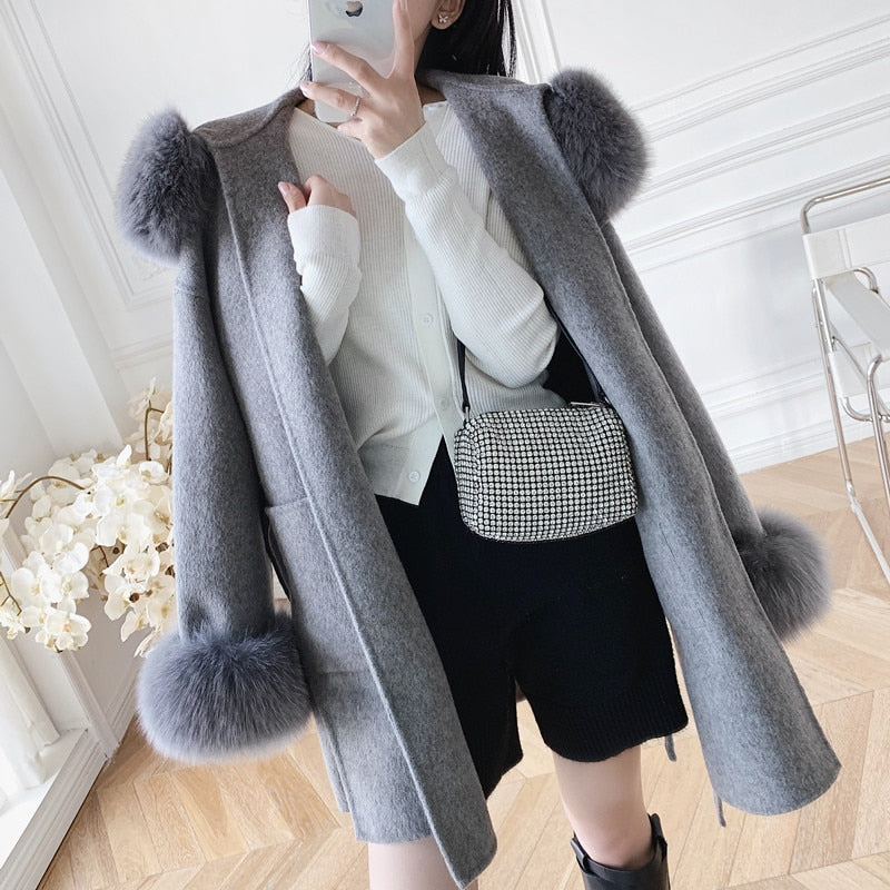 Real Cashmere Woolen Coat famous natural fox fur coats outerwear dropshipping