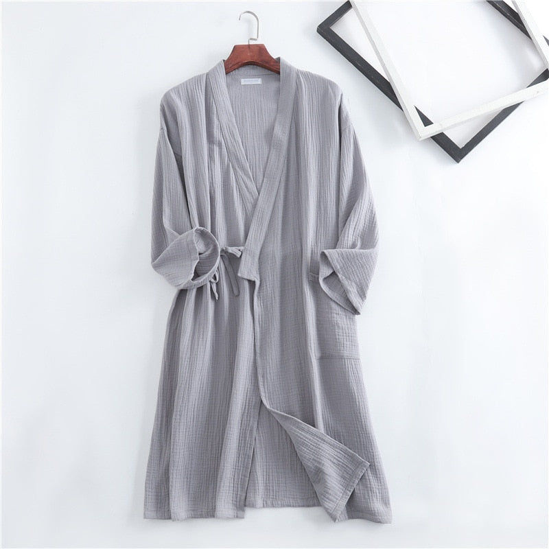 Crepe Gauze Bathrobe Solid 100% Cotton Robe Long-sleeved V-neck Kimono Wedding Robes Sleepwear Plus Size Dressing Gown