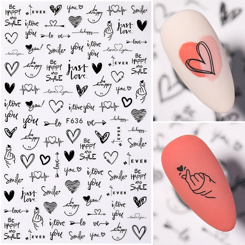 1PC Heart Love Design 3D Nail Sticker English Letter stickers Face Pattern Trasnfer Sliders Valentine's Day Nail Art Decoration