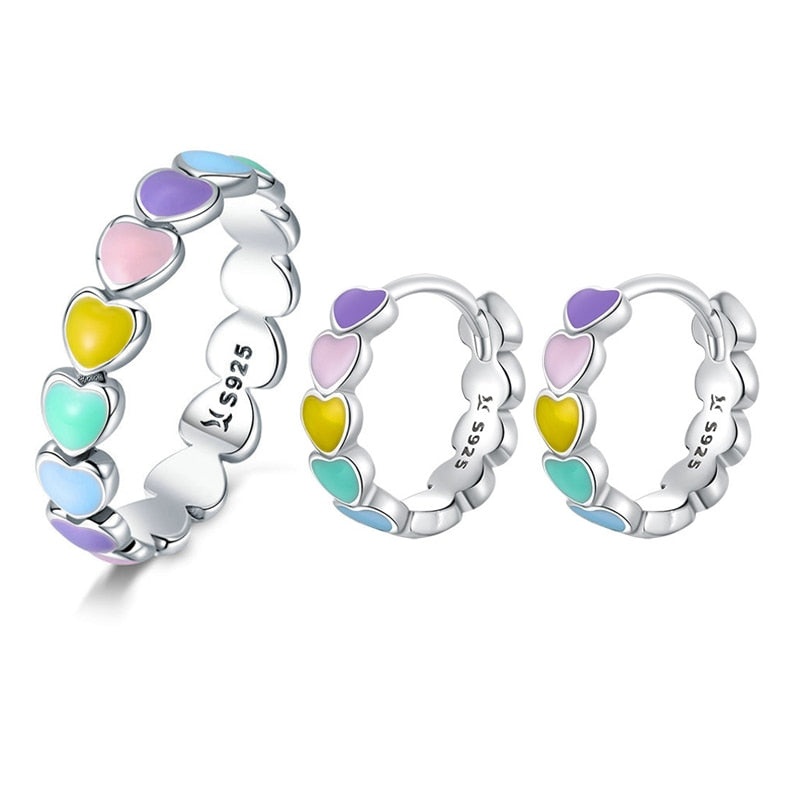 Sterling Silver Rainbow Series Heart to Heart Ring & Earrings Jewelry Set for Women Fine Jewelry Gift