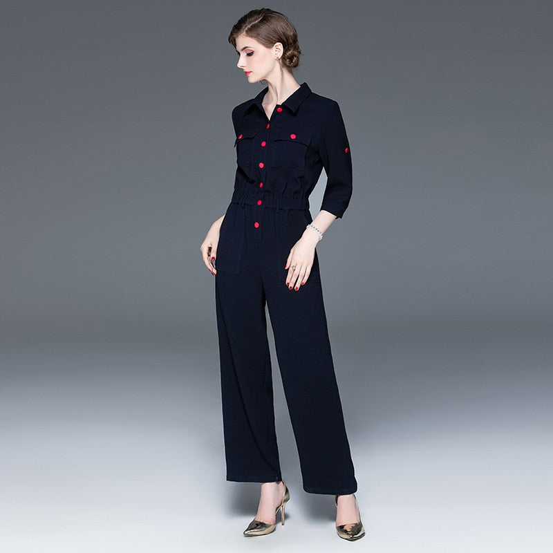 Women's  lapel cropped sleeves autumn jumpsuit