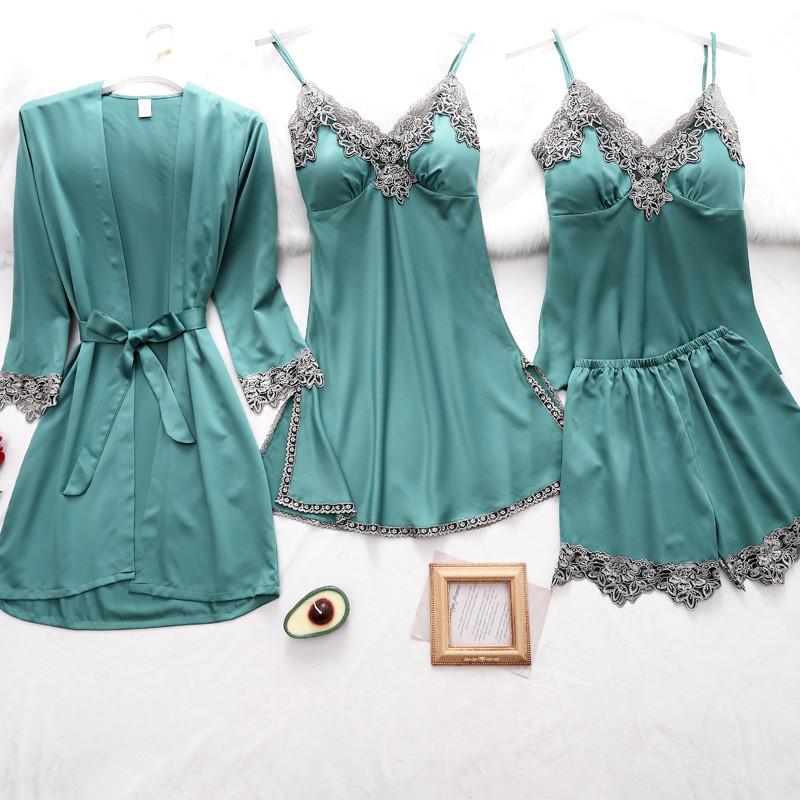 Women Robe Suit Pajamas Nighty&Satin Kimono Bathrobe Gown Nightdress Silky Lace Sleep Set Nightwear Sexy Nightgown