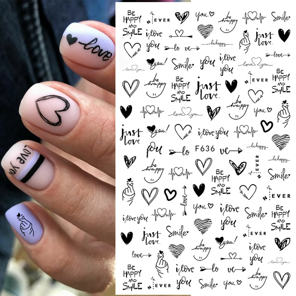 1pcs 3D Nail Sticker Black Heart Love Self-Adhesive Slider Letters Nail Art Decorations Stars Decals Manicure Accessories