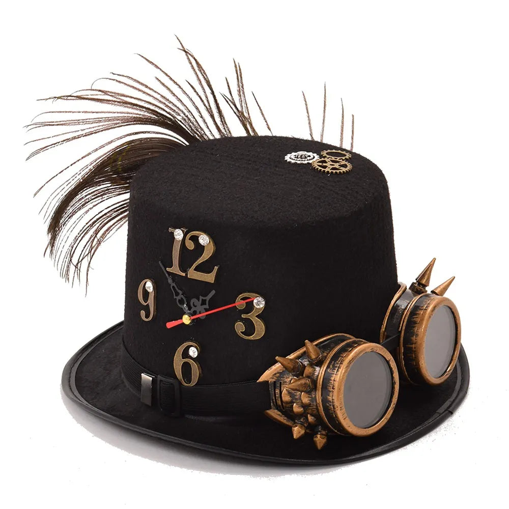 Women Black Steam Punk Hats Unisex Man/Woman Goggles Feather Gear Clock Halloween Party Top Hat