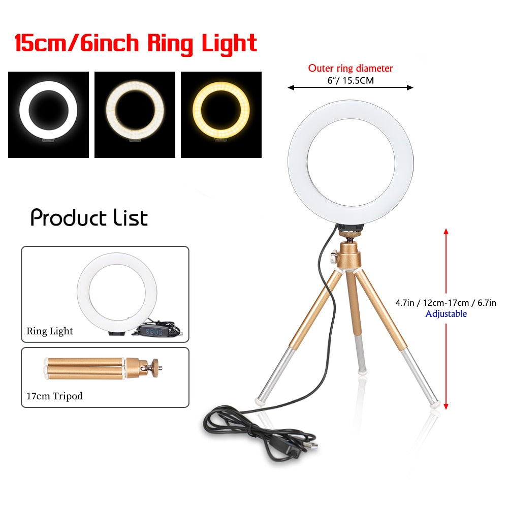 Ring Light With Tripod Stand Usb Charge Selfie Led Lamp Dimmable Photography Light For Photo Photography Studio (16cm/6 inch)