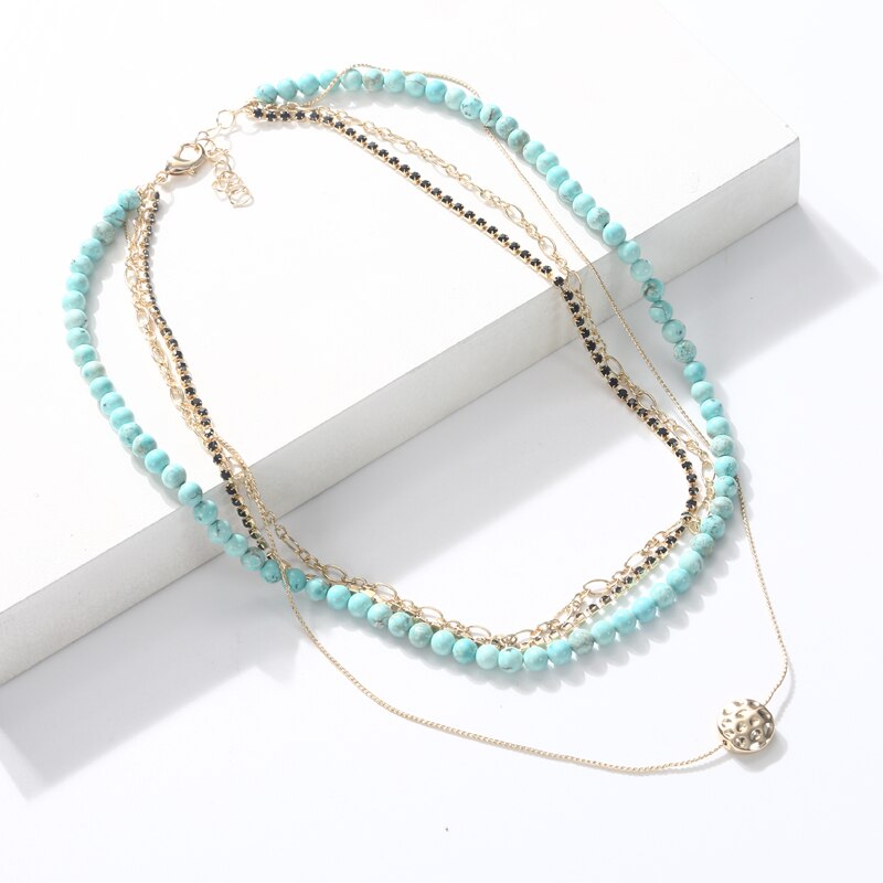 4 Layers Natural Stone Beaded Strand Necklace-Stacked Layering Metal Chain Link Necklaces for Women