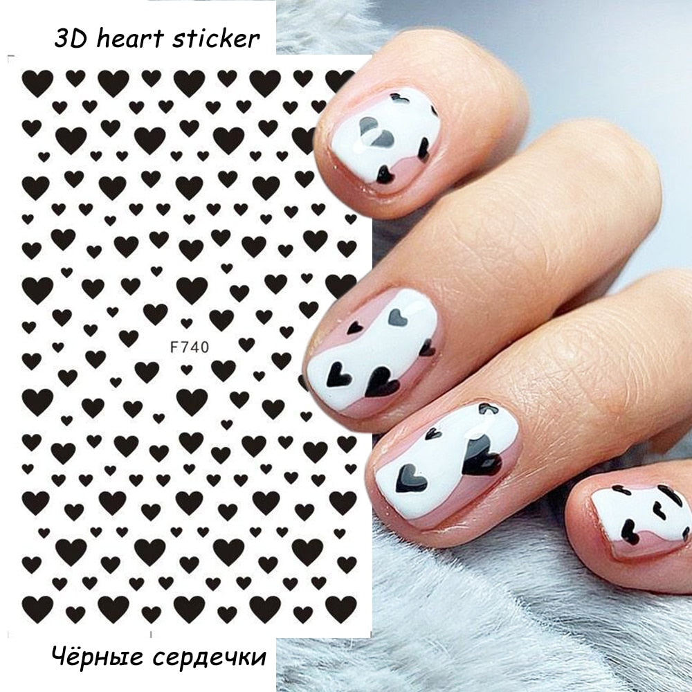 1pcs 3D Nail Sticker Black Heart Love Self-Adhesive Slider Letters Nail Art Decorations Stars Decals Manicure Accessories