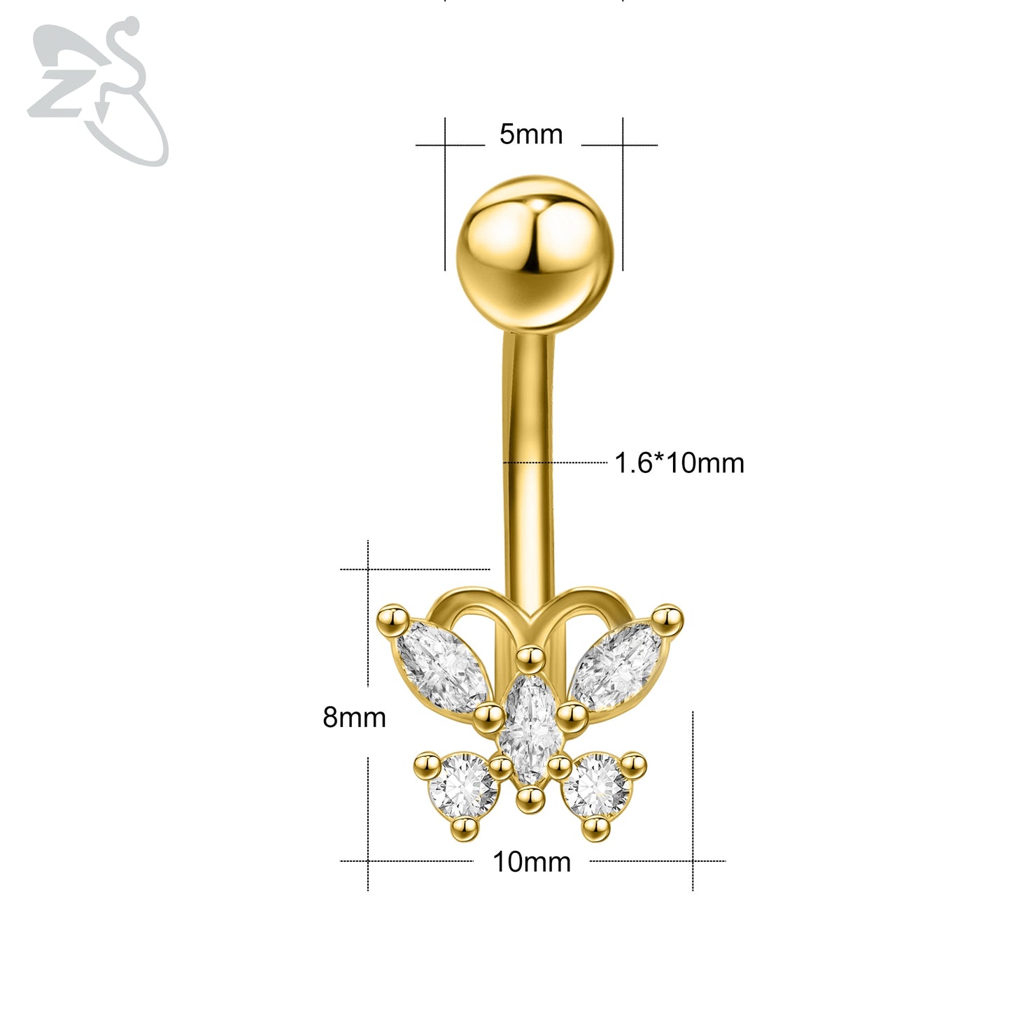 1 Piece Gold Color Stainless Steel Belly Ring Flower Heart CZ Crystal Navel Belly Button Rings Butterfly Navel Piercings