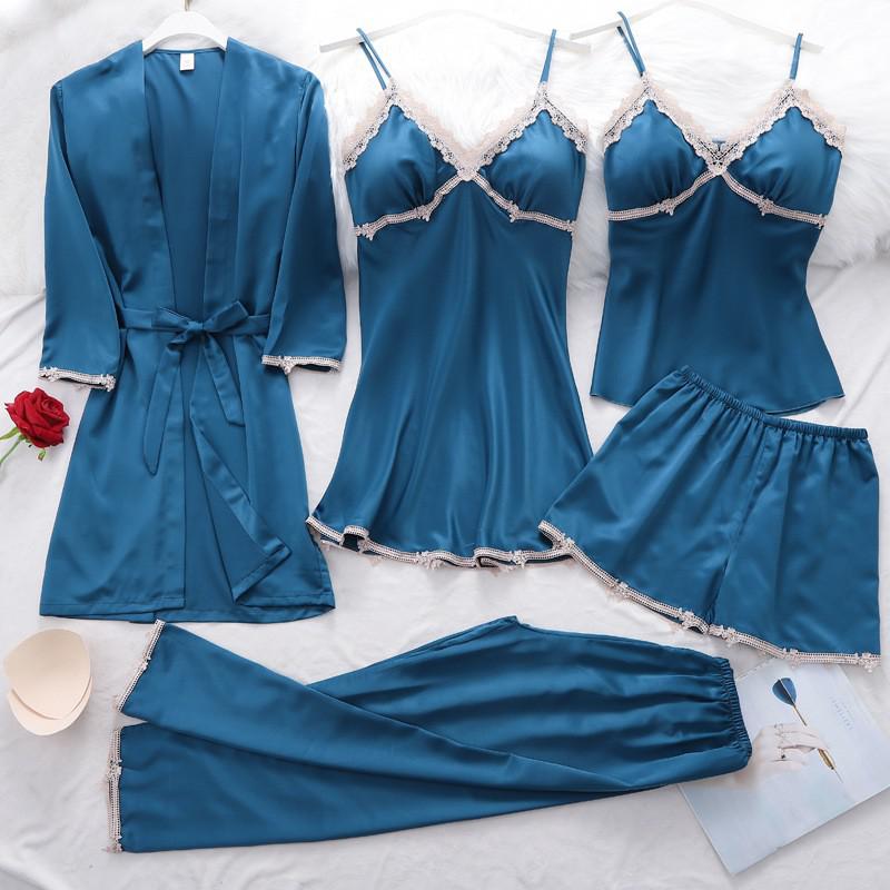 Women Robe Suit Pajamas Nighty&Satin Kimono Bathrobe Gown Nightdress Silky Lace Sleep Set Nightwear Sexy Nightgown