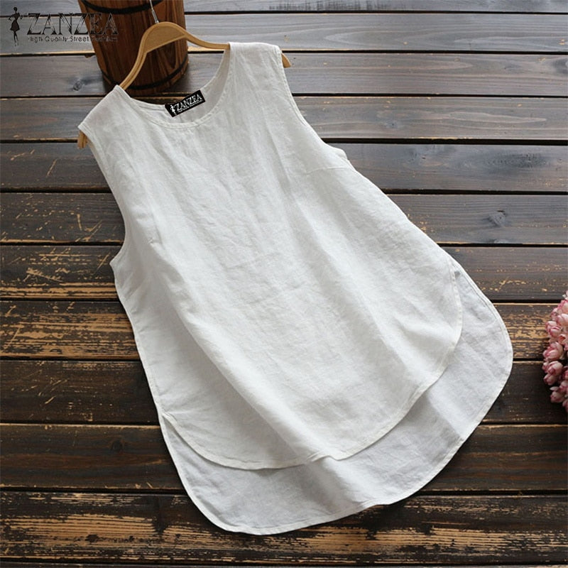 Women's Irregular Blouse ZANZEA Tanks Tops Casual Linen Blusas Female Sleeveless Chemise Summer Tee Shirts